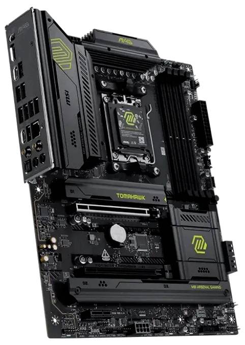 Eine schwarze Hauptplatine mit "MSI"-Branding, mehreren Anschlüssen, RAM-Steckplätzen und beschrifteten Komponenten mit einem grün-gelben Logodesign.