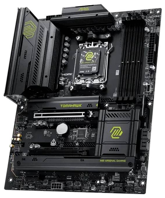 Eine detaillierte Ansicht eines Gaming-Mainboards mit Anschlüssen, Steckplätzen und beschrifteten Schlüsselkomponenten, die die Marke 'MAG TOMAHAWK' und MSI-Branding hervorheben.