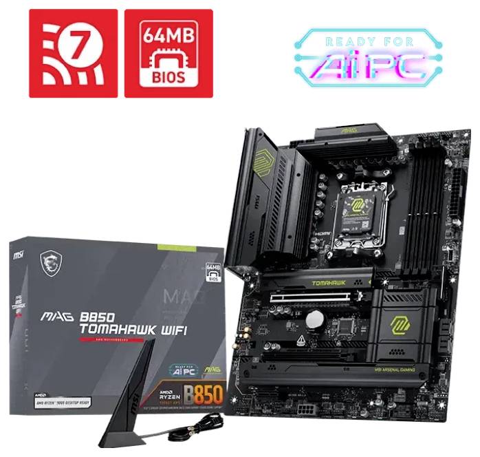Bild einer MSI MAG B650 Tomahawk WiFi Mainboard mit Verpackung, die Highlights wie '64MB BIOS' und 'Bereit für AI PC' zeigt.
