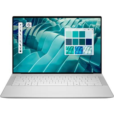 Ein Laptop mit einem türkis-aquamarin geometrischen Design auf dem Bildschirm, mit einem Farbpalettenauswahlfenster, das verschiedene Schattierungen zeigt.