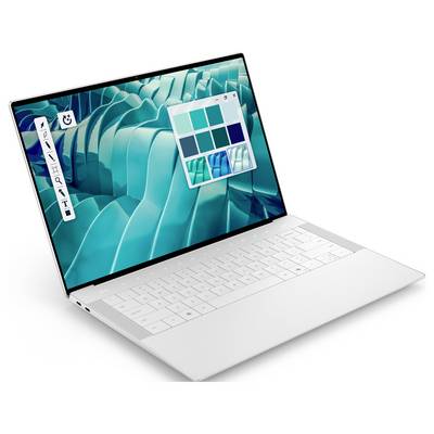Ein moderner, schlanker Laptop mit einem geometrischen blauen Hintergrund auf dem Bildschirm, der eine Farbauswahl-Palette und Bearbeitungstools an der Seite zeigt.