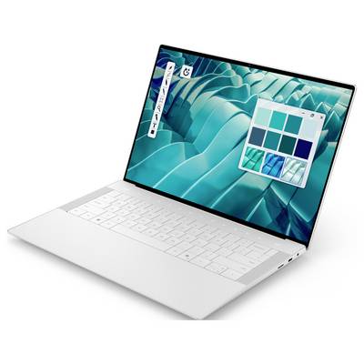 Ein schlankes Laptop, das auf dem Bildschirm eine Farbpalette mit Blau- und Petrol-Schattierungen zeigt, was auf eine Design- oder Anpassungsaktivität hindeutet.