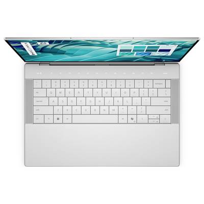 Ein silberner Laptop mit einer flachen, schlanken Tastatur ist geöffnet und zeigt einen blauen Bildschirm mit einem Fenster, das vier Layoutoptionen anzeigt.