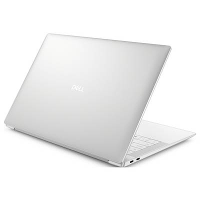 Ein schlanker silberner Laptop, halb geöffnet, mit einer Seitenansicht und sichtbarem Dell-Logo.