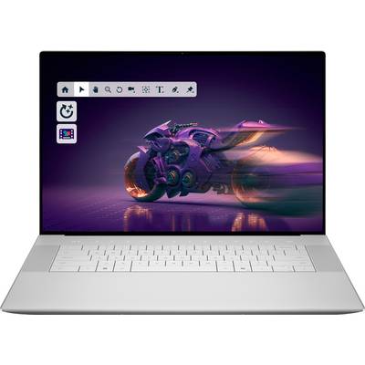 Ein Laptop-Bildschirm zeigt eine Design-Software-Oberfläche, die ein futuristisches Motorrad in leuchtenden Violetttönen präsentiert und Bewegungsunschärfe veranschaulicht.