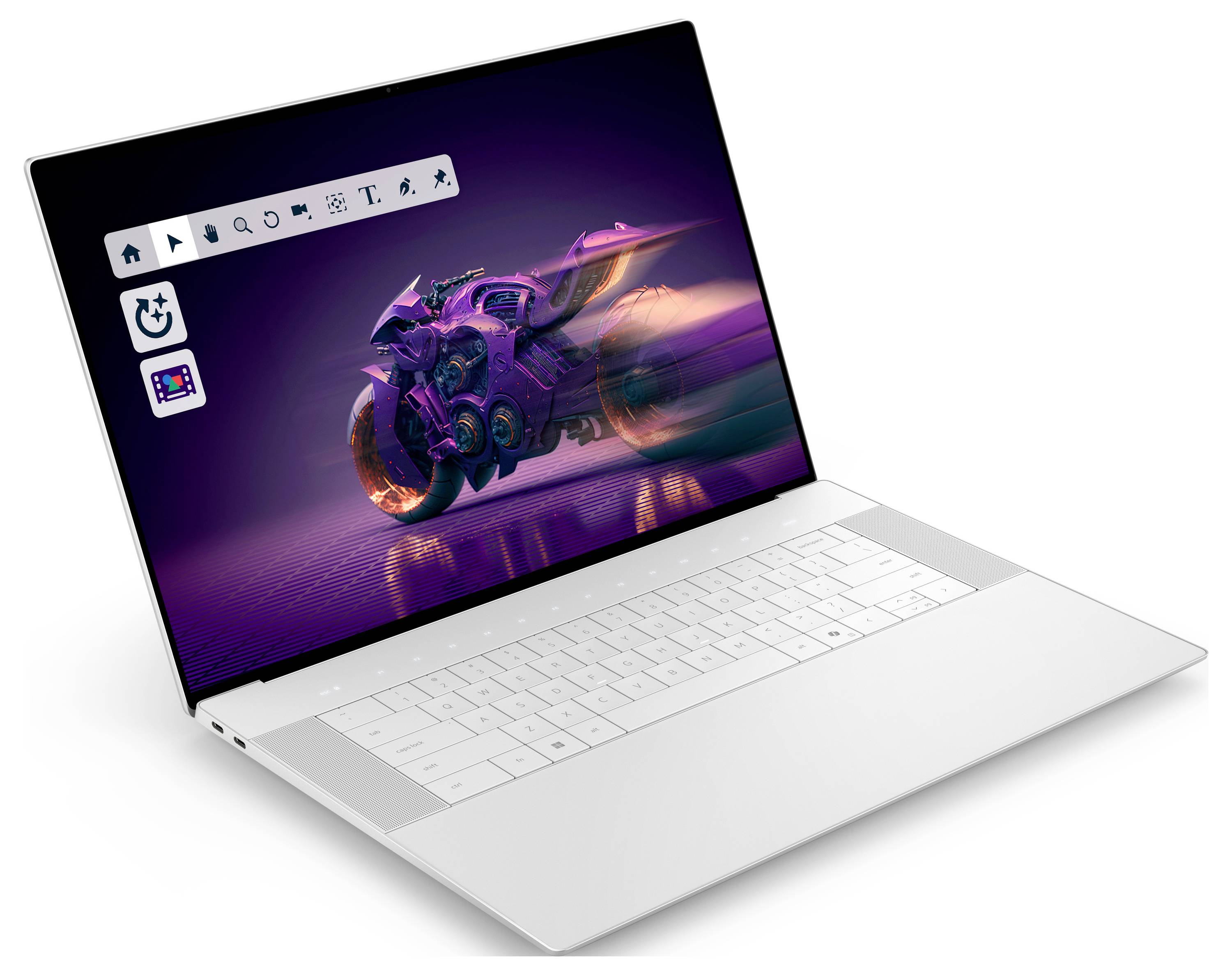 Ein schlankes weißes Laptop, das digitale Kunst auf seinem Bildschirm zeigt und ein futuristisches Motorrad darstellt.