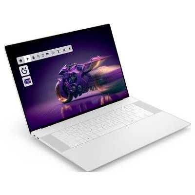 Ein schlankes weißes Laptop, das digitale Kunst auf seinem Bildschirm zeigt und ein futuristisches Motorrad darstellt.