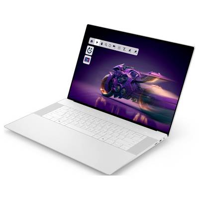 Ein schlanker silberner Laptop mit einer Bildbearbeitungssoftware auf dem Bildschirm, die ein futuristisches Motorraddesign in leuchtenden Farben zeigt.