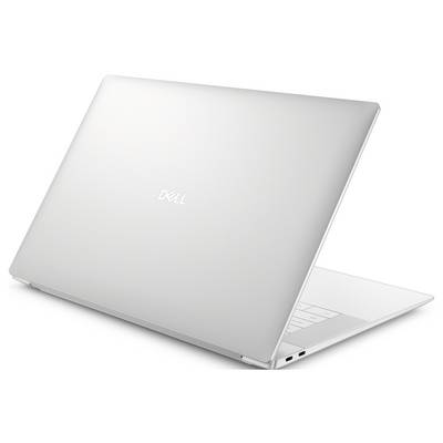 Ein silberner Dell-Laptop wird von hinten und der Seite gezeigt, wobei sein Bildschirm leicht geöffnet ist und ein schlankes Design und minimalistische Bauweise offenbart.