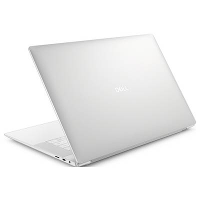 Silberner Dell-Laptop, von der hinteren linken Ecke betrachtet, der sein schlankes Design und einen teilweise sichtbaren Tastaturbereich zeigt.