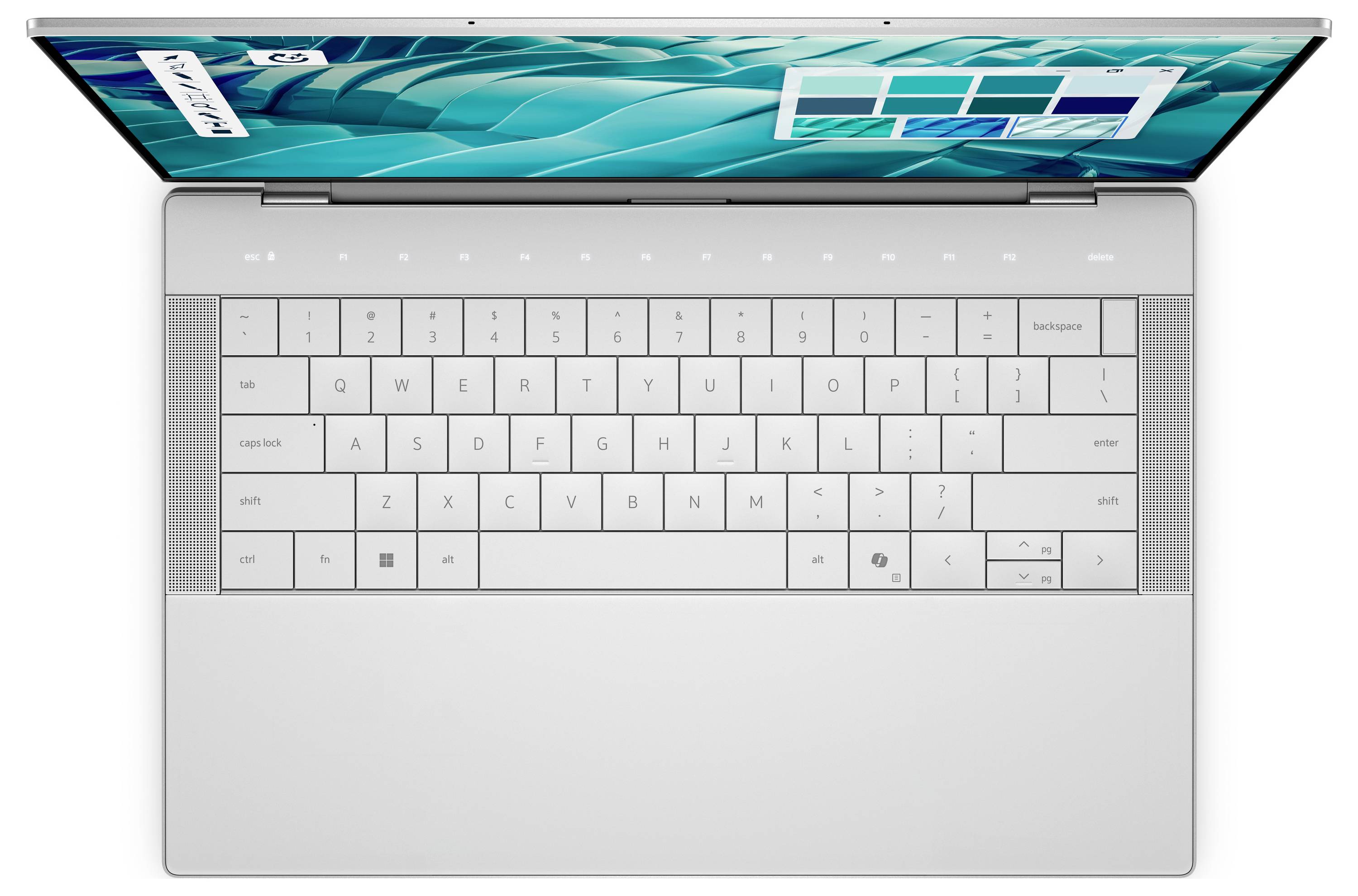 Ein modernes silbernes Laptop, von oben betrachtet, mit kompletter Tastatur mit anpassbaren Funktionstasten, Trackpad und einem Teil des Bildschirms.