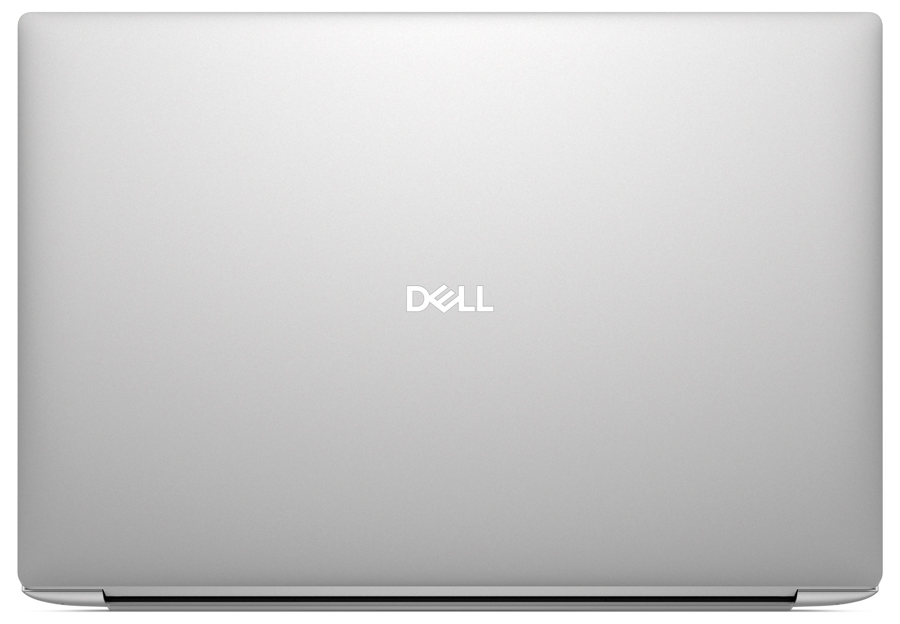 Silberner Dell-Laptop geschlossen, wobei das minimalistische Logo zentriert auf dem Deckel vor einem schlichten Hintergrund zu sehen ist.