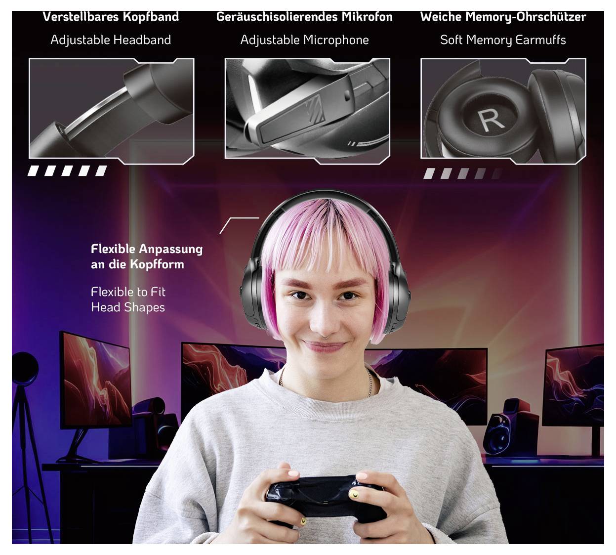 Eine Person mit pinken Haaren hält einen Spielcontroller und trägt Kopfhörer. Der Text hebt den verstellbaren Kopfbügel, das Mikrofon und die weichen Ohrmuscheln hervor.