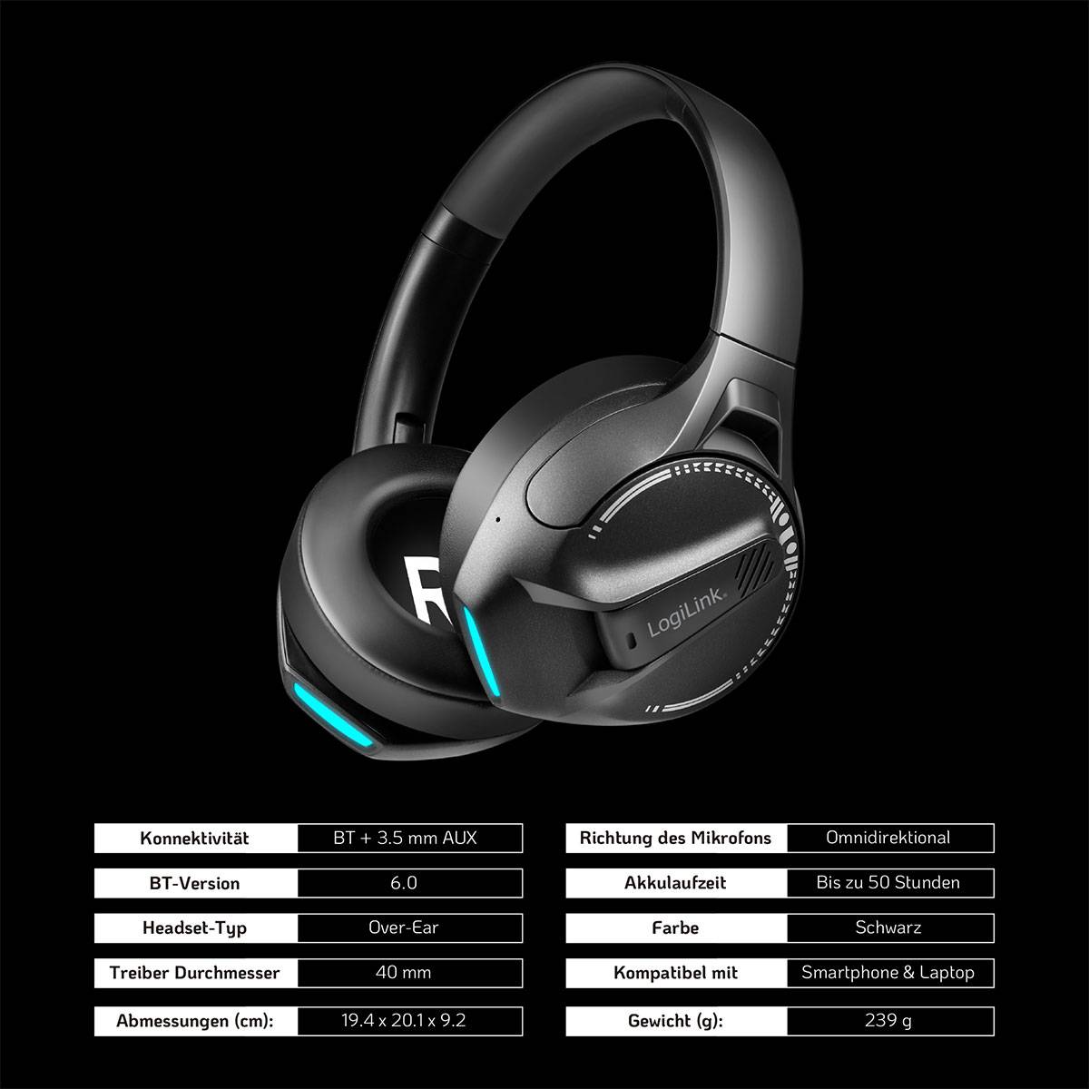 Schwarze LogiLink Over-Ear-Wireless-Kopfhörer mit Produktspezifikationen: Bluetooth-Version 6.0, omnidirektionales Mikrofon, 50-Stunden-Akkulaufzeit, 40-mm-Treiberdurchmesser, 239g Gewicht, kompatibel mit Smartphone und Laptop.