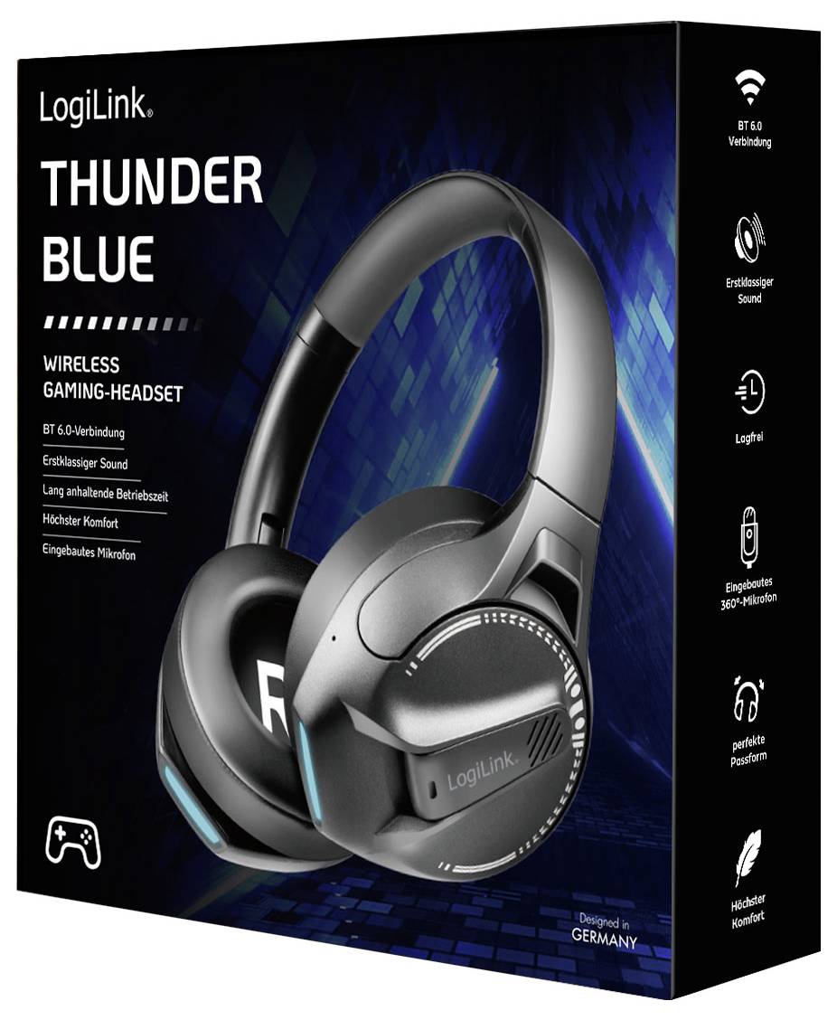 'LogiLink Thunder Blue' Gaming-Headset-Verpackung, die ein drahtloses Headset mit Over-Ear-Design und Funktionen wie Bluetooth-Konnektivität zeigt.