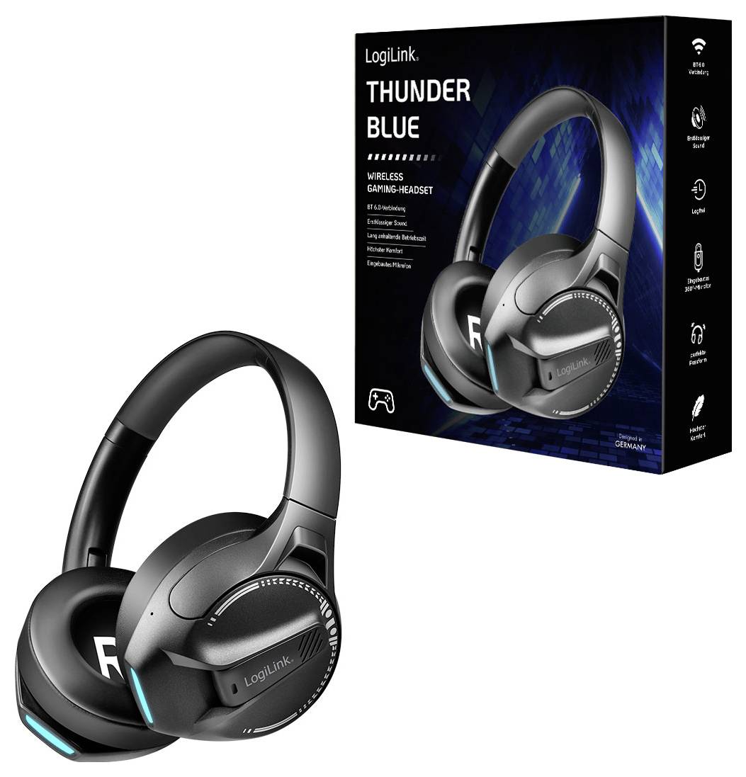 Ein drahtloses Gaming-Headset neben seiner Verpackung. Auf der Box steht "LogiLink Thunder Blue" und hebt Funktionen wie Bluetooth und LED-Beleuchtung hervor.