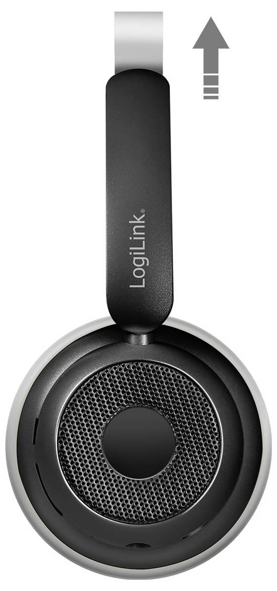 Seitenansicht eines schwarzen und silbernen Headsets mit 'LogiLink'-Schriftzug. Ein Pfeil deutet auf eine Höhenverstellung hin und legt eine Größen- oder Passformeinstellung nahe.