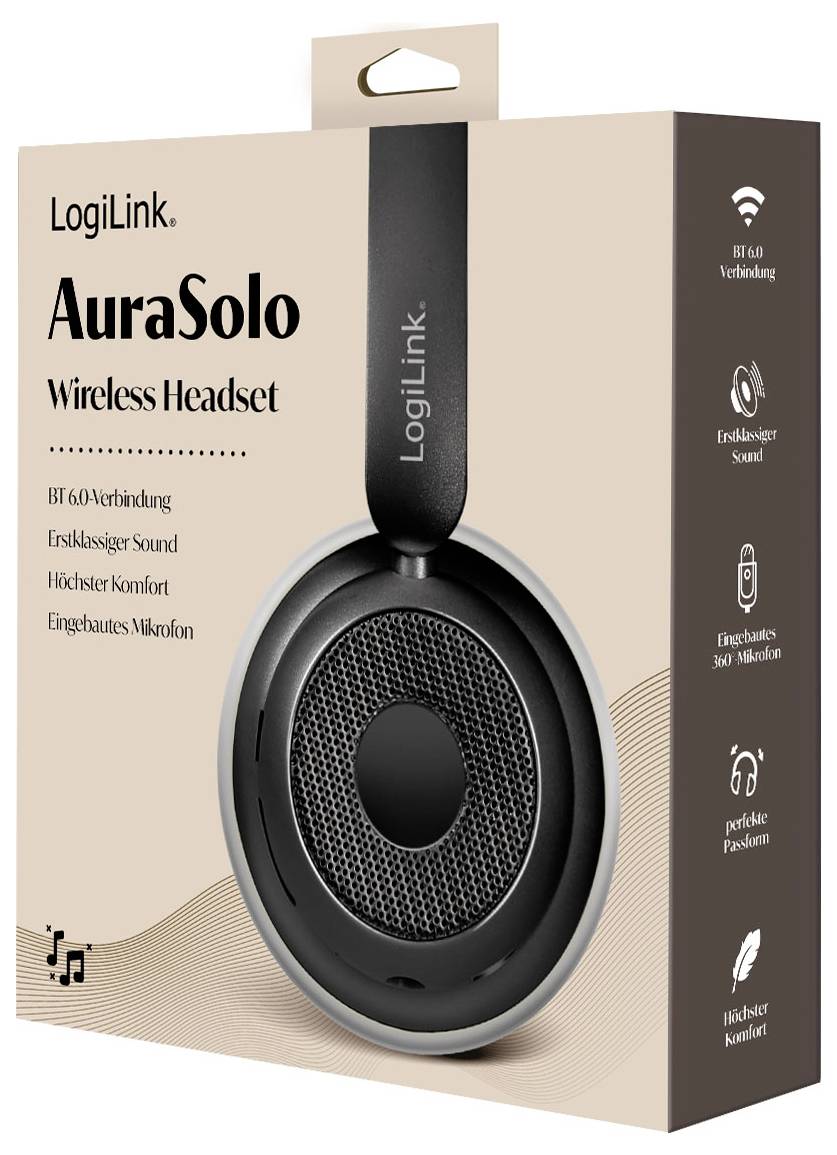 Verpackung für LogiLink AuraSolo Drahtloses Headset mit einem Bild des Headsets und Highlights wie Bluetooth-Konnektivität und ergonomisches Design.