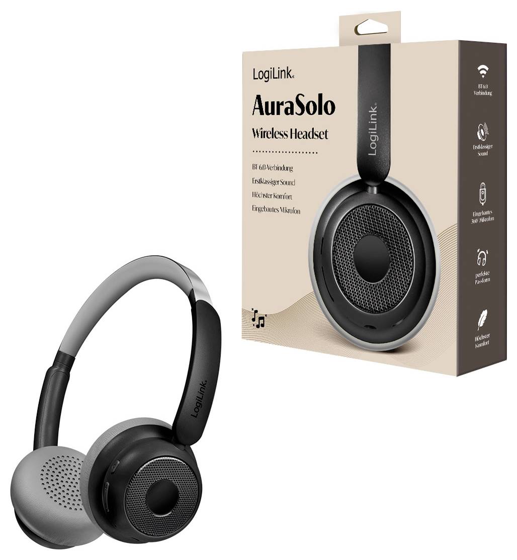 LogiLink Aura Solo Wireless Headset mit Geräuschisolierung, klarem Klang und Bluetooth-Konnektivität, präsentiert neben seiner Verpackung.