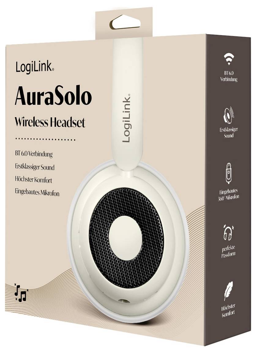 LogiLink AuraSolo Wireless Headset Verpackung zeigt Funktionen wie Bluetooth-Konnektivität, herausragenden Sound, Komfort und integriertes Mikrofon.