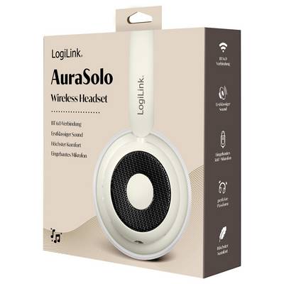 LogiLink AuraSolo Wireless Headset Verpackung zeigt Funktionen wie Bluetooth-Konnektivität, herausragenden Sound, Komfort und integriertes Mikrofon.