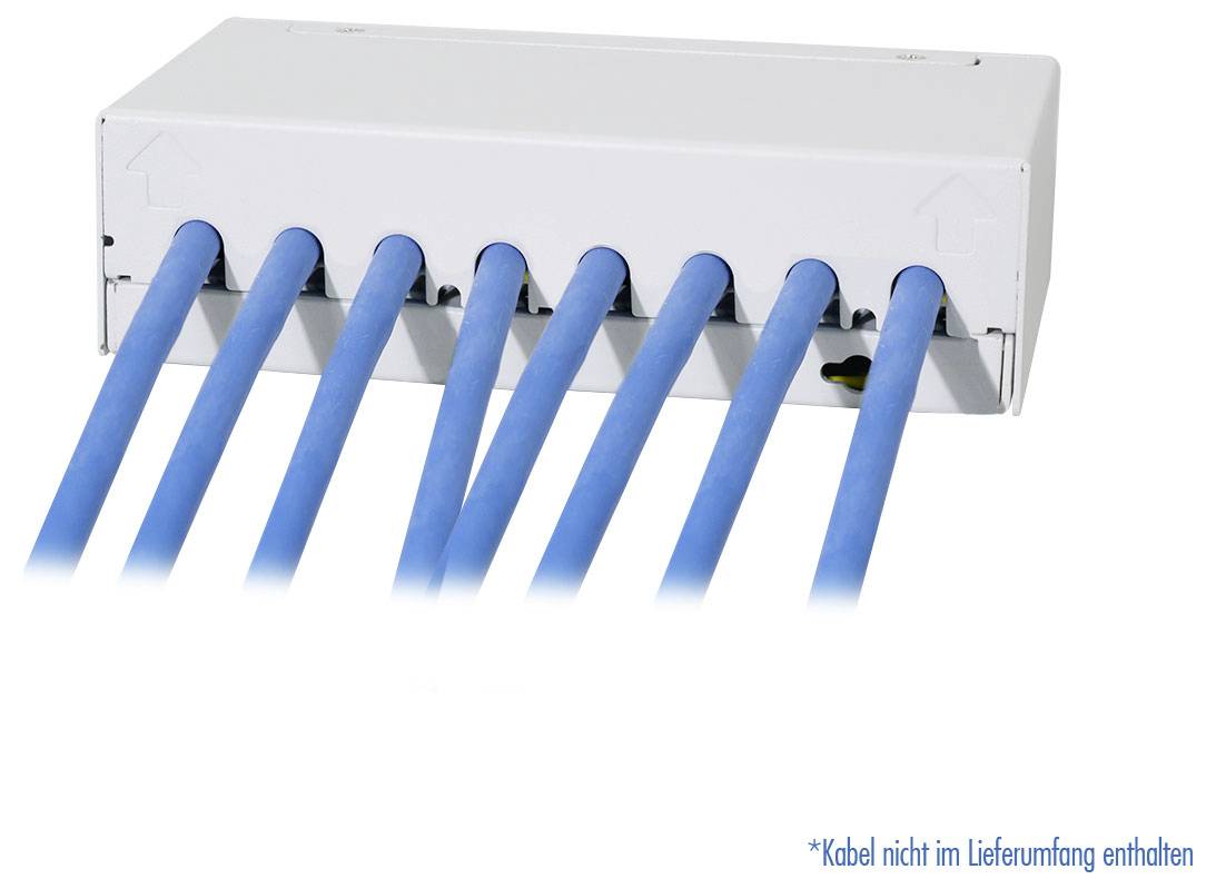 Eine weiße Kabelmanagement-Box mit sieben blauen Netzwerkkabeln verbunden. Text lautet: Kabel nicht im Lieferumfang enthalten.