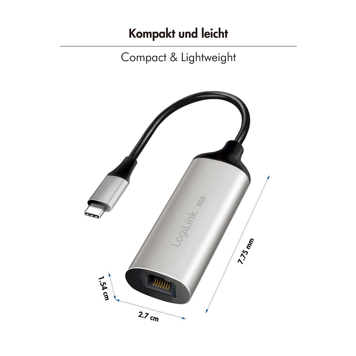 Ethernet-Adapter mit USB-C-Anschluss, 7,75 mm Höhe, 2,7 cm Breite, 1,54 cm Tiefe. Als kompakt und leicht beschrieben mit LogiLink-Branding.