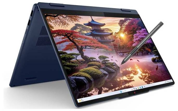 Ein blauer Laptop im Zeltmodus zeigt eine Landschaft mit Sonnenuntergang und Tempel. Ein Stylus liegt auf dem Bildschirm.