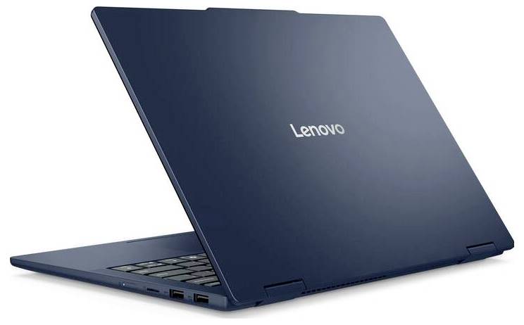 Ein blauer Lenovo-Laptop, teilweise geschlossen, zeigt die Rückseite mit dem Lenovo-Logo. Zwei USB-Anschlüsse sind sichtbar.