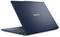 Ein blauer Lenovo-Laptop, teilweise geschlossen, zeigt die Rückseite mit dem Lenovo-Logo. Zwei USB-Anschlüsse sind sichtbar.