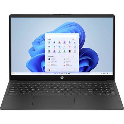 Ein Laptop mit einem Windows 11-Bildschirm, wobei das Startmenü geöffnet ist und verschiedene App-Symbole vor einem blauen abstrakten Hintergrund zu sehen sind.