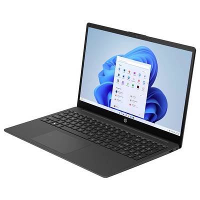 Ein schwarzer Laptop, der einen Windows 11 Startbildschirm mit verschiedenen Anwendungssymbolen anzeigt. Das Gerät ist geöffnet und zeigt seine Tastatur und den Bildschirm.