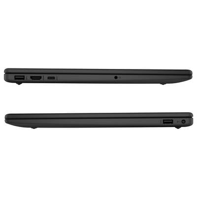 Seitenansicht eines geschlossenen Laptops mit Anschlüssen: Die Oberseite zeigt USB, HDMI, USB-C und Kopfhörerbuchse; die Unterseite weist einen USB-Anschluss und den Einschaltknopf auf.