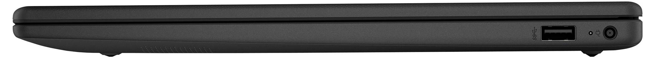 Ein geschlossener schwarzer Laptop, von der Seite betrachtet, mit einem USB-Anschluss und Einschaltknopf am rechten Rand.