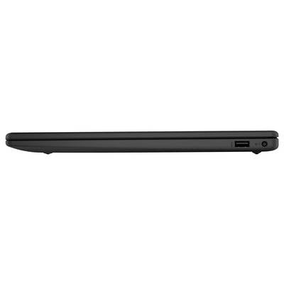Ein geschlossener schwarzer Laptop, von der Seite betrachtet, mit einem USB-Anschluss und Einschaltknopf am rechten Rand.