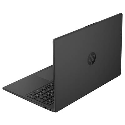 Ein geschlossener schwarzer HP-Laptop, leicht nach links geneigt, auf dessen Deckel das Unternehmenslogo zu sehen ist; die Tastatur ist teilweise sichtbar.