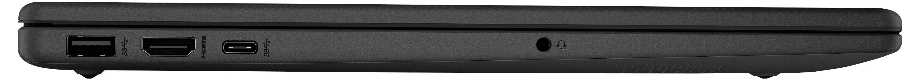 Ein schwarzer Laptop von der Seite, der drei USB-Anschlüsse und einen Audioausgang zeigt.