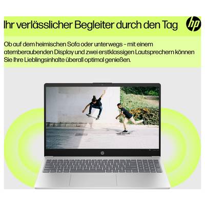 Ein Laptop mit geöffneter Anzeige zeigt ein Bild von zwei Skateboardern. Oben steht der Text 'Ihr verlässlicher Begleiter durch den Tag'.