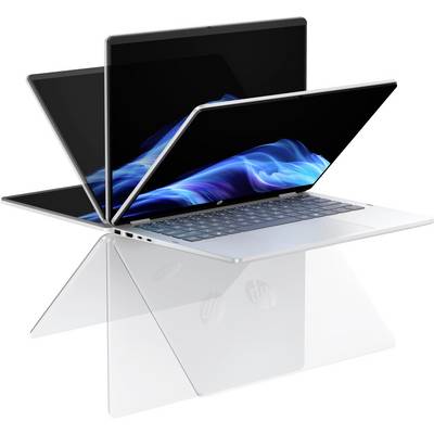 Ein silberner Laptop mit drehbarem Bildschirm zeigt ein lebendiges blaues abstraktes Muster und veranschaulicht so seine Vielseitigkeit und modernes Design.