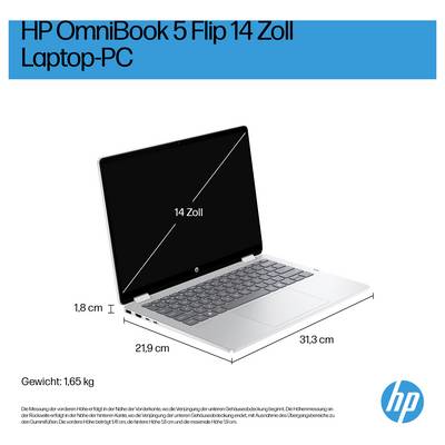 'HP OmniBook 5 Flip 14 Zoll Laptop-PC.' Abgebildet ist ein Laptop mit geöffnetem Bildschirm und einer Bildschirmdiagonale von 14 Zoll. Maße: Höhe 1,8 cm, Breite 31,3 cm, Tiefe 21,9 cm. Gewicht: 1,65 kg.