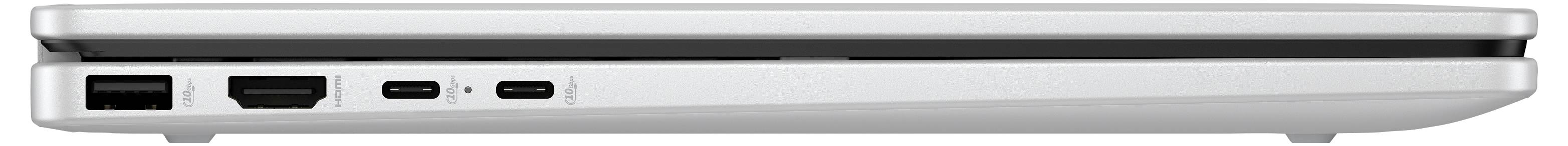 Ein geschlossener silberner Laptop, von der Seite betrachtet, mit Anschlüssen wie Ethernet, HDMI und zwei USB-Ports.