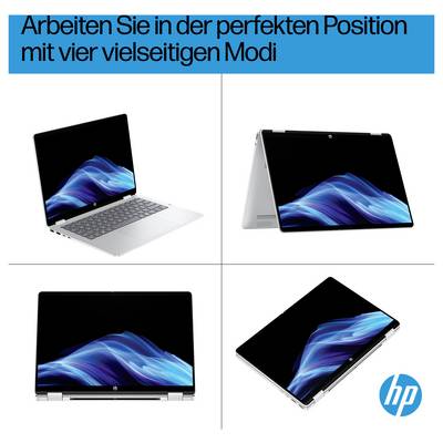 Das Bild zeigt einen Laptop in vier verschiedenen Positionen: Laptop, Zelt, Stand und Tablet. Oben steht der Text 'Arbeiten Sie in der perfekten Position mit vier vielseitigen Modi'. Unten rechts ist das HP-Logo.