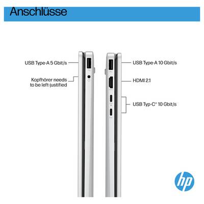 'Anschlüsse: USB Type-A 5 Gbit/s, Kopfhörerbuchse links, USB Type-A 10 Gbit/s, HDMI 2.1, USB Typ-C 10 Gbit/s. Zwei Laptopansichten.'