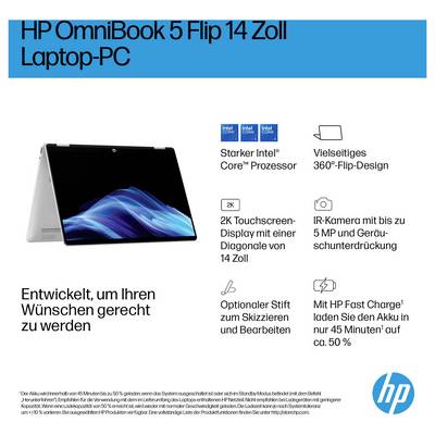 'HP OmniBook 5 Flip 14 Zoll Laptop-PC' mit Intel Core Prozessor, 2K Touchscreen, 360°-Design, 5 MP Kamera und HP Fast Charge.