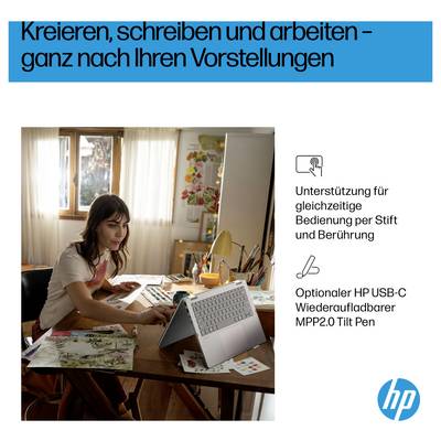 'Frau malt am Tisch und benutzt einen Laptop.' Text oben: 'Kreieren, schreiben und arbeiten – ganz nach Ihren Vorstellungen'. Text unten: 'Unterstützung für gleichzeitige Bedienung per Stift und Berührung'.