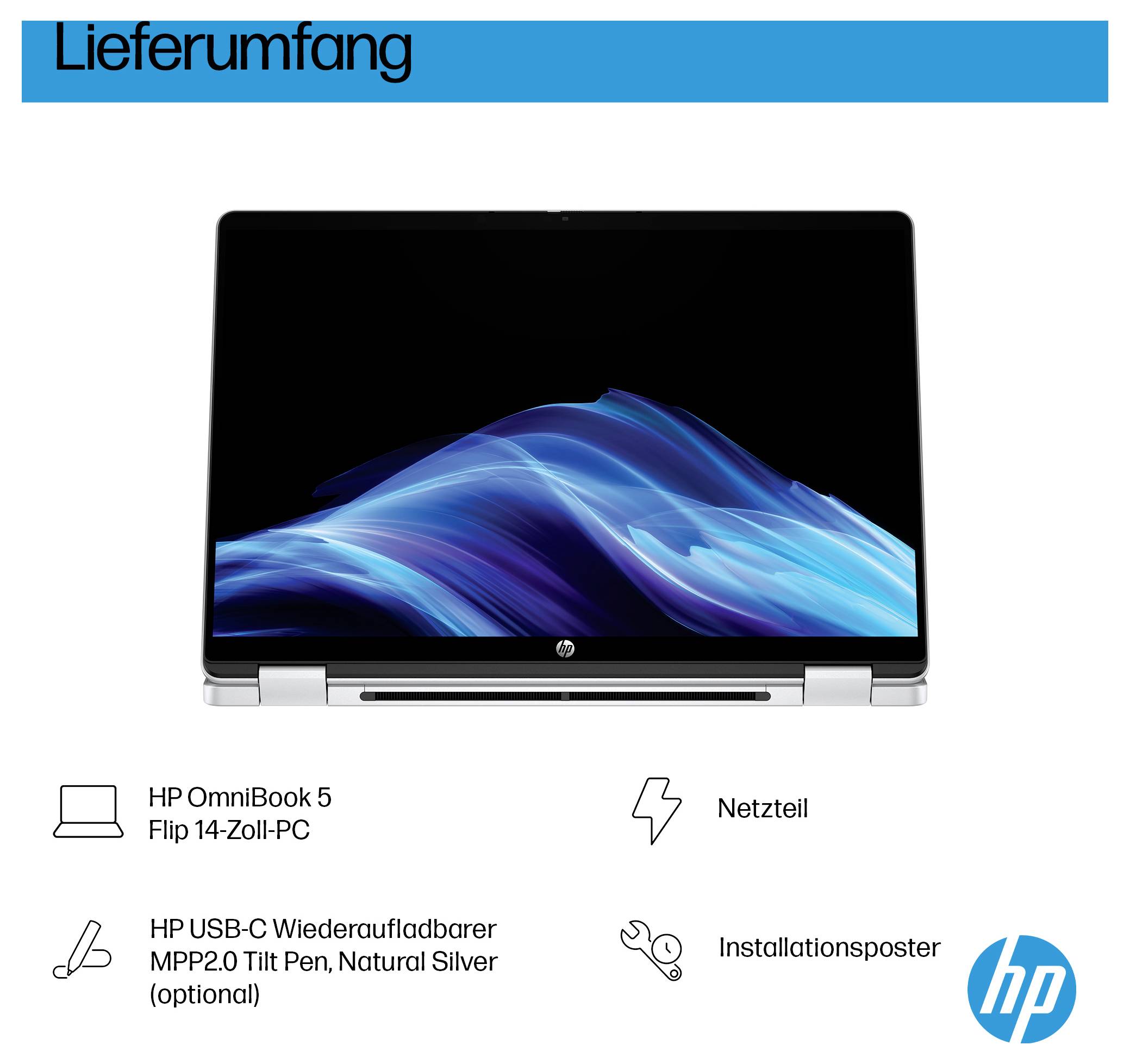 'Lieferumfang: HP OmniBook 5 Flip 14-Zoll-PC, Netzteil, HP USB-C Wiederaufladbarer MPP2.0 Tilt Pen (optional), Installationsposter.'
