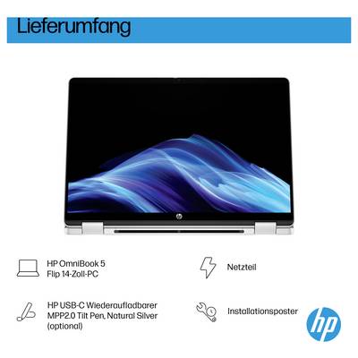 'Lieferumfang: HP OmniBook 5 Flip 14-Zoll-PC, Netzteil, HP USB-C Wiederaufladbarer MPP2.0 Tilt Pen (optional), Installationsposter.'