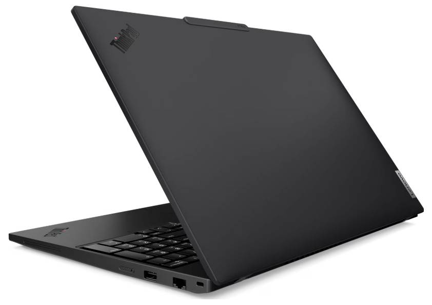 Ein aufgeklappter schwarzer Laptop mit schlankem Design, beleuchtetem Markenlogo und sichtbaren Anschlüssen an der linken Seite.