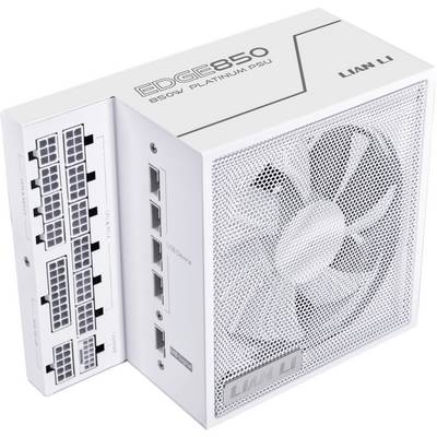 Lian Li EDGE850 Platinum Netzteil mit seitlich angebrachtem Lüfter, mehreren Kabelanschlüssen, entwickelt für die Stromversorgung in Computersystemen.
