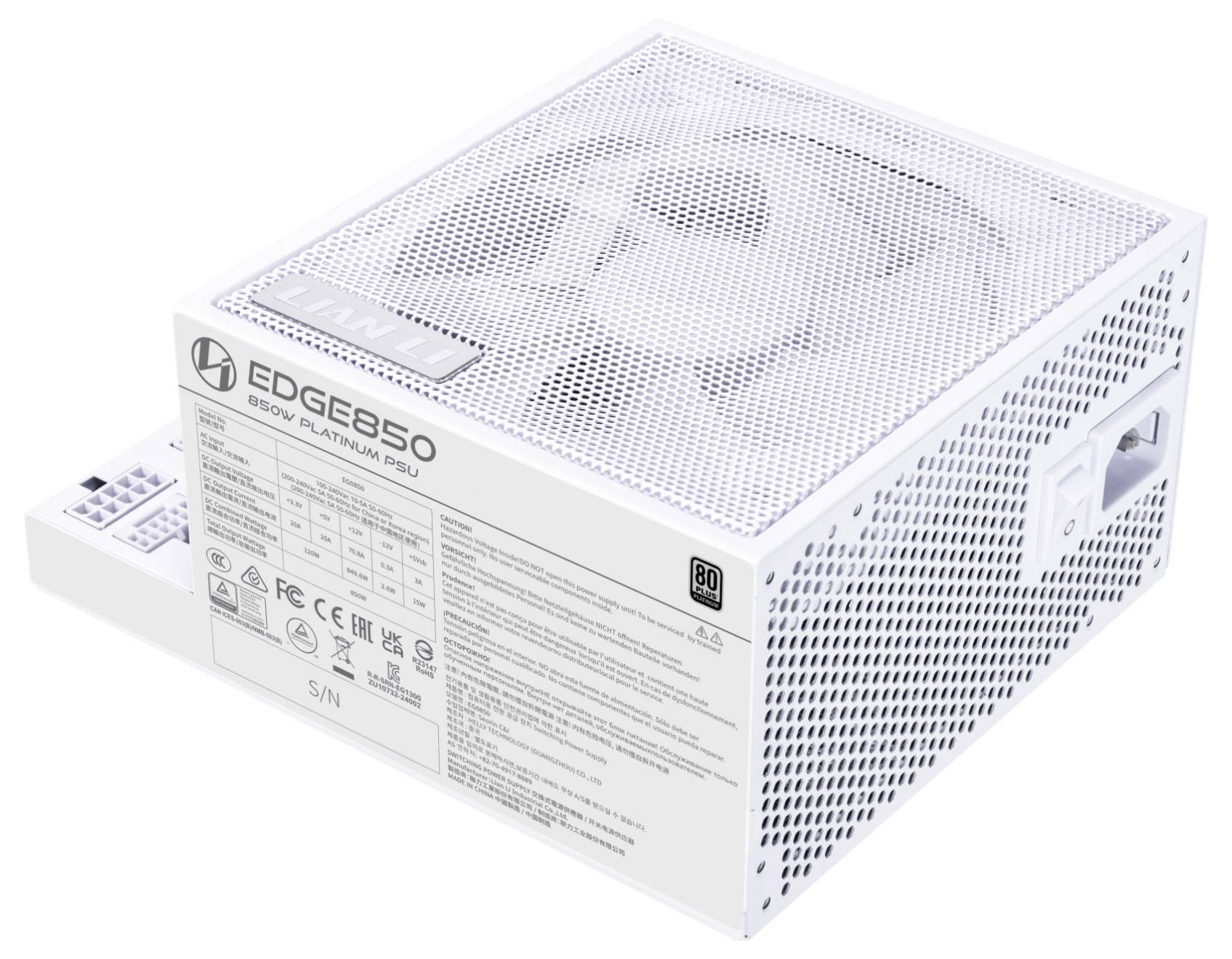 Eine weiße Computer-Netzteileinheit mit der Bezeichnung "EDGE850" mit einer Lüftergitterabdeckung, 80 Plus Platinum-Zertifizierung und mehreren Anschlussports.